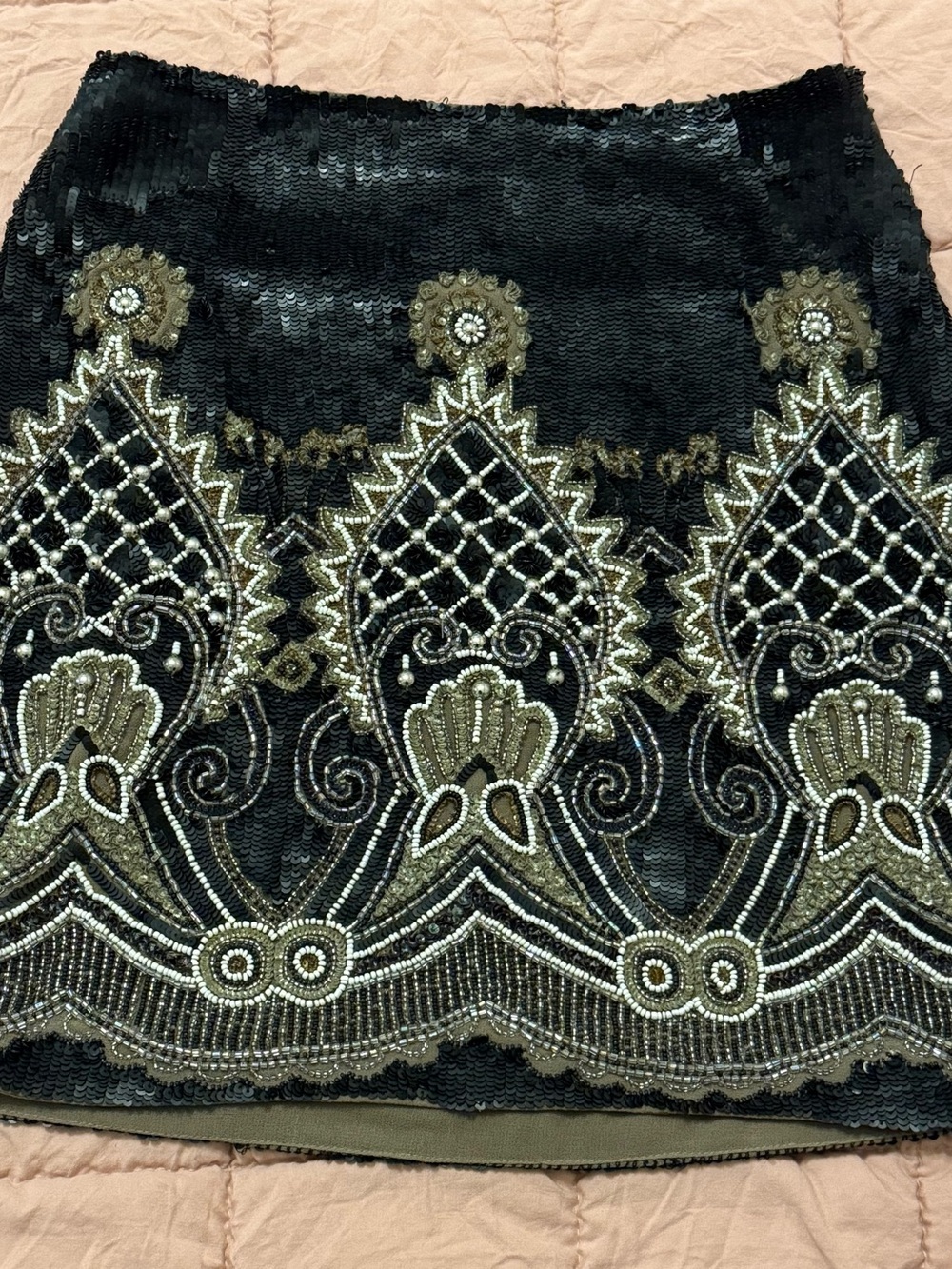 Needle & Thread Black Sequin Mini Skirt with Gold Bead Embroidery (by hand)